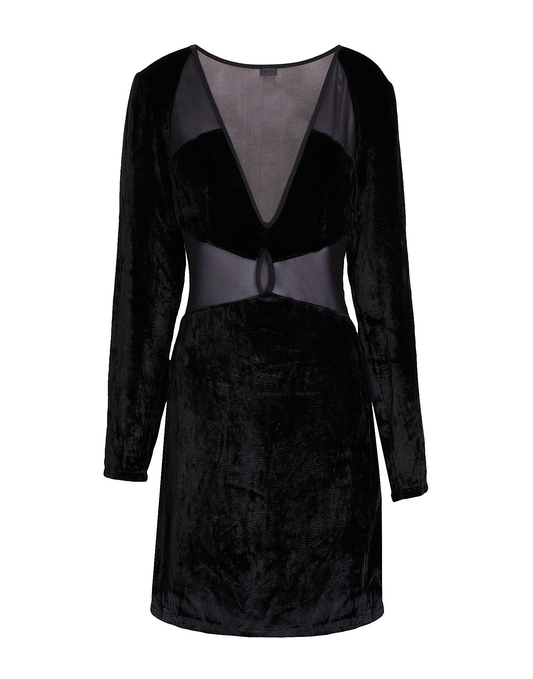 Parioli Velvet Short Dress With Semi-Transparent Details- Long Sleeve - Black